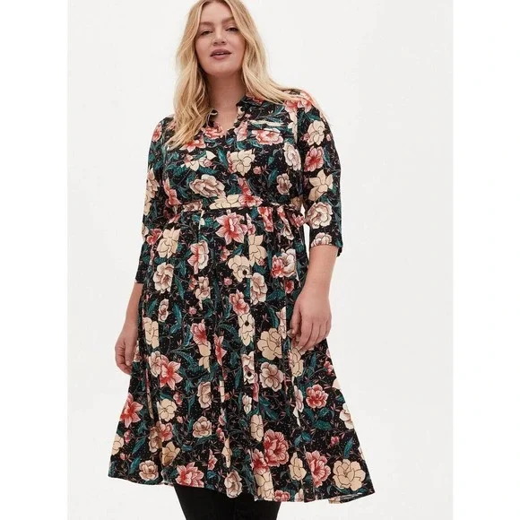 Torrid Floral Button Midi Challis Shirt Dress Black Plus Size 3 3X H14301 - Picture 3 of 16